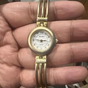 Working Helbros 22mm Women Watch Gold Steel Bracelet White‎ Quartz Fit 7in